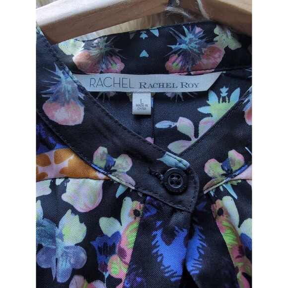 RACHEL ROY L Silky Kimono Blouse Blue & Gold Floral Button Up Collarless Top - Picture 9 of 12